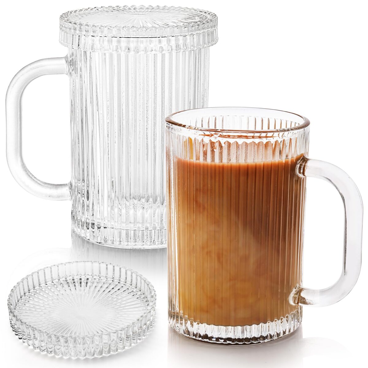 Set of 2 Glass Mugs Striped with Lid